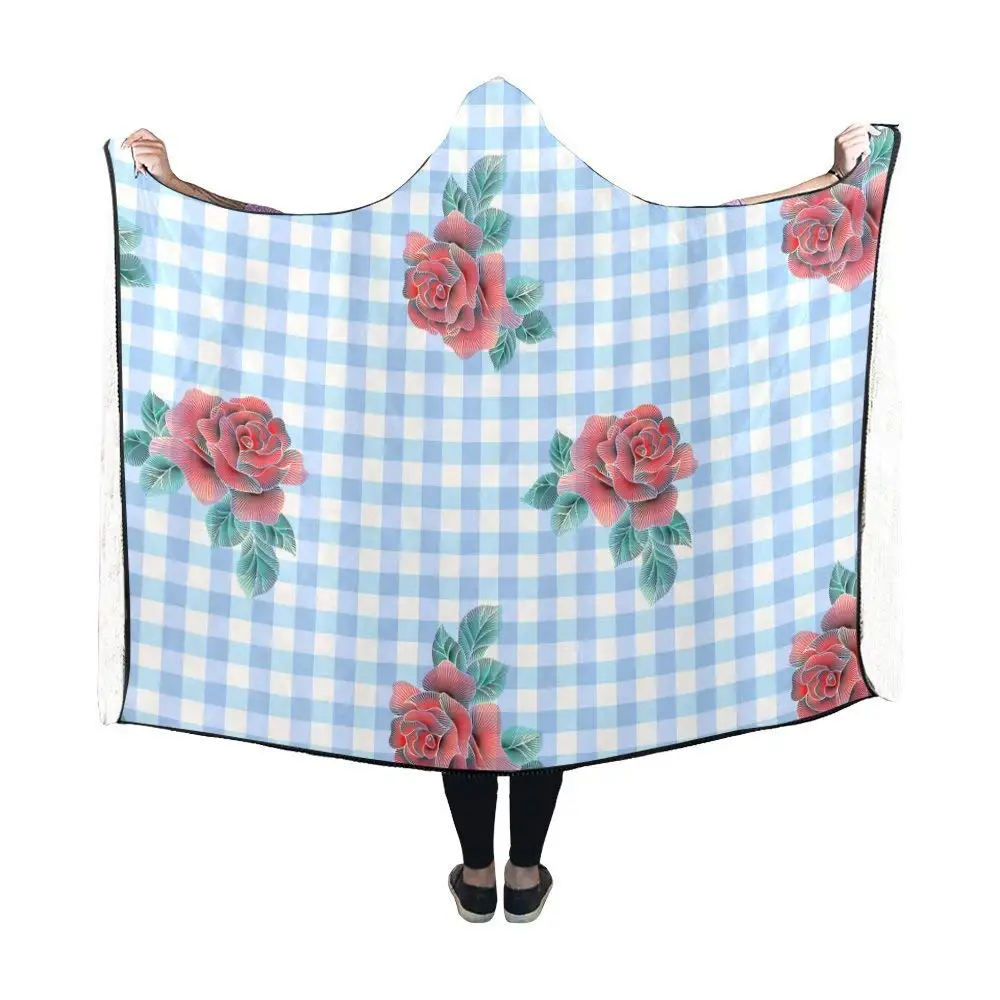 Roses Light Blue Checkered Pattern Hooded Blanket Pilling Polar Fleece