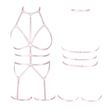 

Pink Sexy Lingerie Straps Chest Belt Hollow Out Plus Size Garter Elastic Party Rave Harajuku Punk Bra Body Harness Set Women