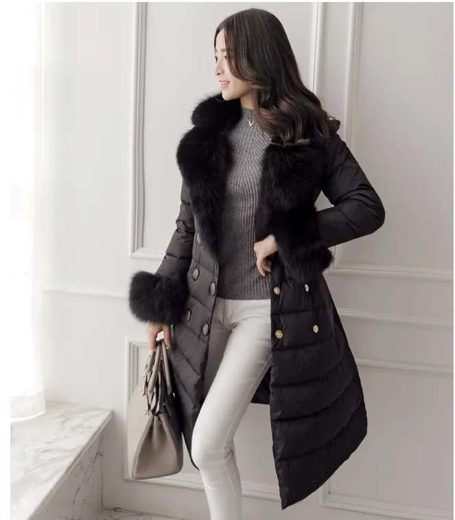 Новая зимняя теплая Женская длинная пуховая хлопковая куртка высококлассная хлопковая верхняя одежда с воротником из лисьего меха благородная леди лучшее качество пальто серый B178 - Цвет: black