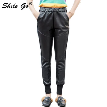 

Streetwear Leather Pants Women Casual Elastic High Waist Sheepskin Genuine Leather Harem Pants Concise Side Pocket Female Capris