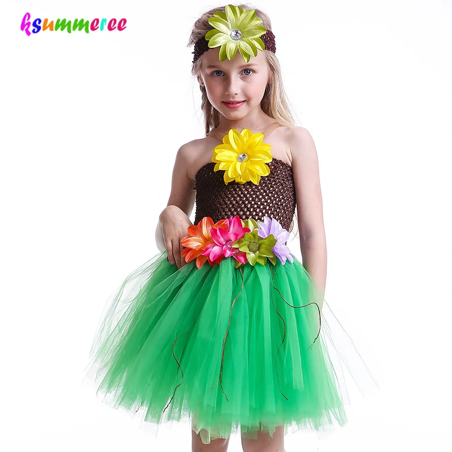 Summer Lily Hawaiian Grass Tutu Dress with Headband Girls Holiday Flower Costume Children