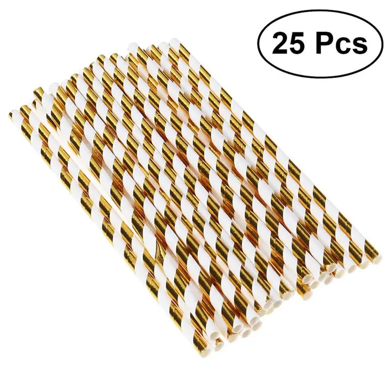 

25pcs Golden Stripes Party Supplies Set Gilded Paper Straws Tableware Set for Birthday Wedding Festival