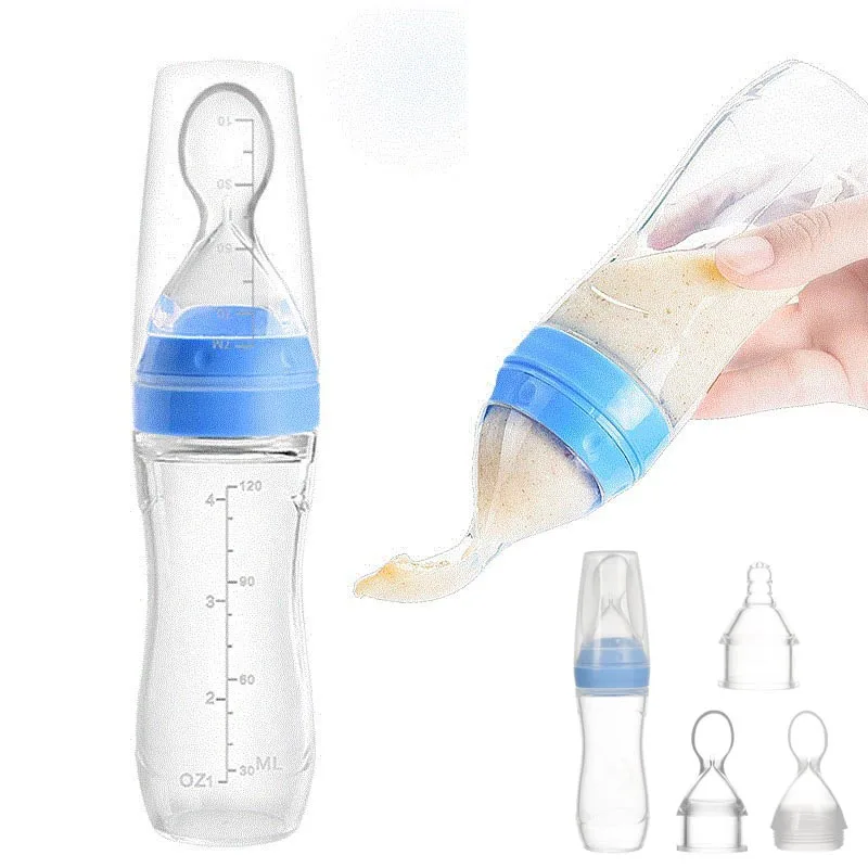 3 in 1 120ml Infant Baby Soft Silicone Food Supplement Toddler Rice Cereal Feeding Bottles Spoon Milk Food Storage Cup