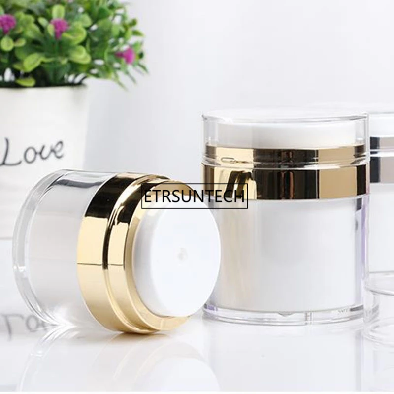 

50pcs 15g 30g 50g Gold Empty Acrylic Cream Jars Cans Pot Top Press Style Vacuum Bottle Sample Vials Airless Cosmetic Container