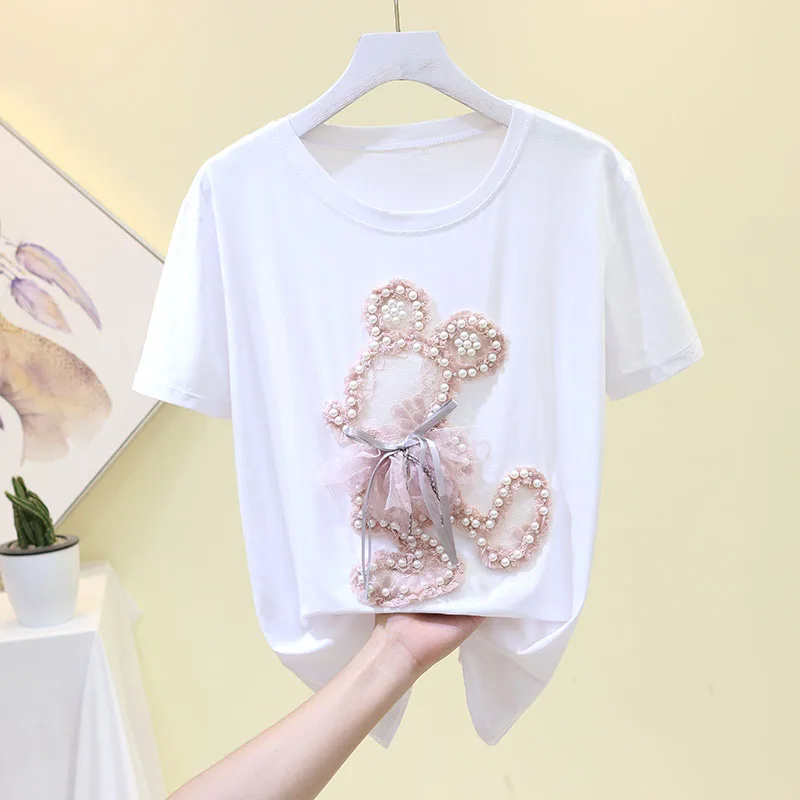 

Ladies T-Shirt Summer Sweet Korean Style Casual Loose Women Tees Stitching Beaded Female Short-sleeve T-shirts Women Tees Tops