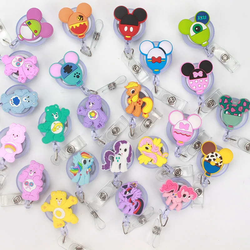 

50pcs/lot Cute Cartoon Bear Horse Design Nurse Retractable Badge Reel Pull ID Card Badge Holder Belt Clip Hospital School Office