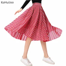 KoHuiJoo Летняя женская плиссированная юбка с высокой талией, модная яркая шелковая винтажная юбка миди в красную полоску, женская Свободная юбка на молнии
