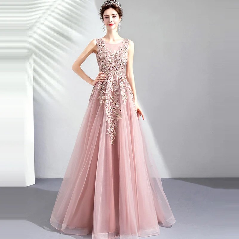It's YiiYa Prom Gowns 2019 Pink O-neck Sleeveless Floor Length Dresses Elegant Embroidery Long Party Dress Custom Plus Size E283 yellow formal dresses Prom Dresses