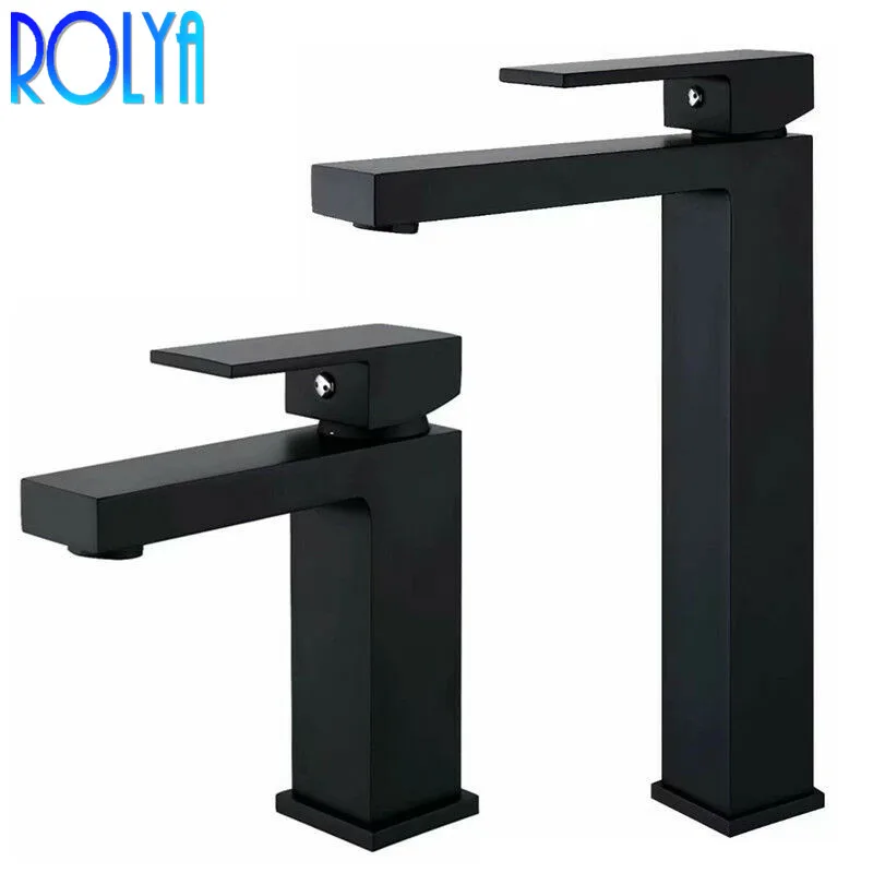 

Rolya Cubix Black Basin Faucet Deck Mounted Single Hole Lavatory Bathroom Faucet Sink Mixer Taps