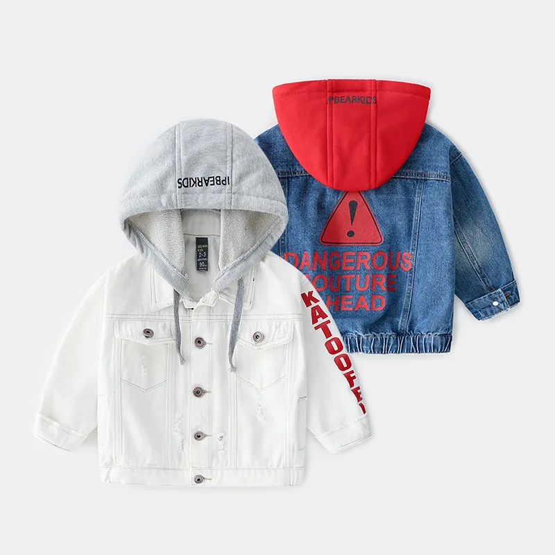 

2019 Kids Denim Jacket Boys Jean Coat Clothing Fashion letter Casual Girls Cardigan Children Outerwear Hooded Cowboy 2-6 year