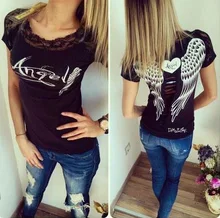 Summer New fashion lace angle wing printed T-shirts for women tee shirt femme camisetas poleras tshirt female t shirts tops