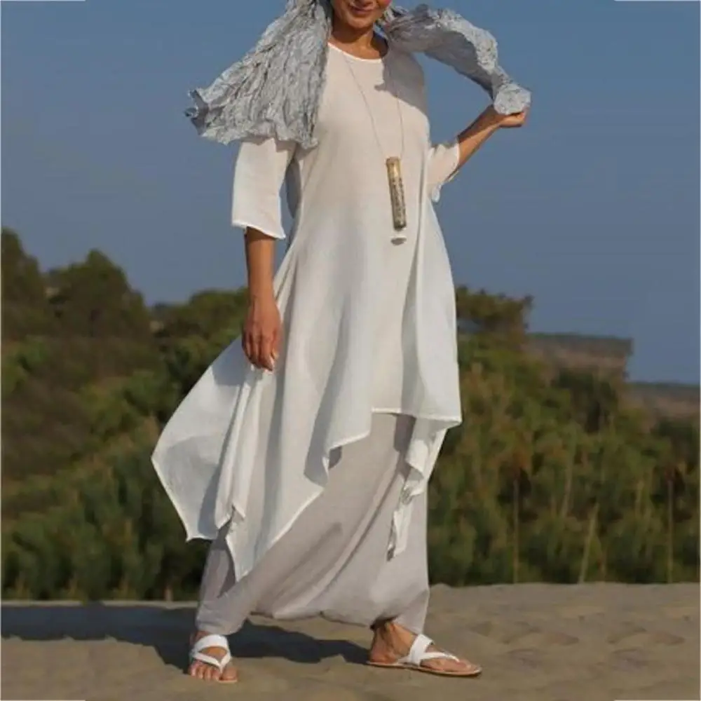

2019 Women Vintage Linen Dress Plus Size 2019 Summer Lady Casual O Neck Long Sleeve Solid Long Maxi Dress Beach Vestido BD