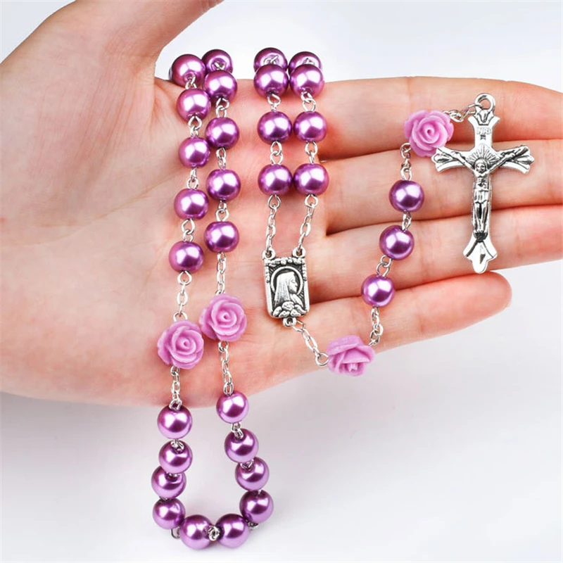 

New Fashion Handmade Round Glass Bead Catholic Rosary Quality Bead Cross Necklace Beads Cross Religious Pendants Necklace