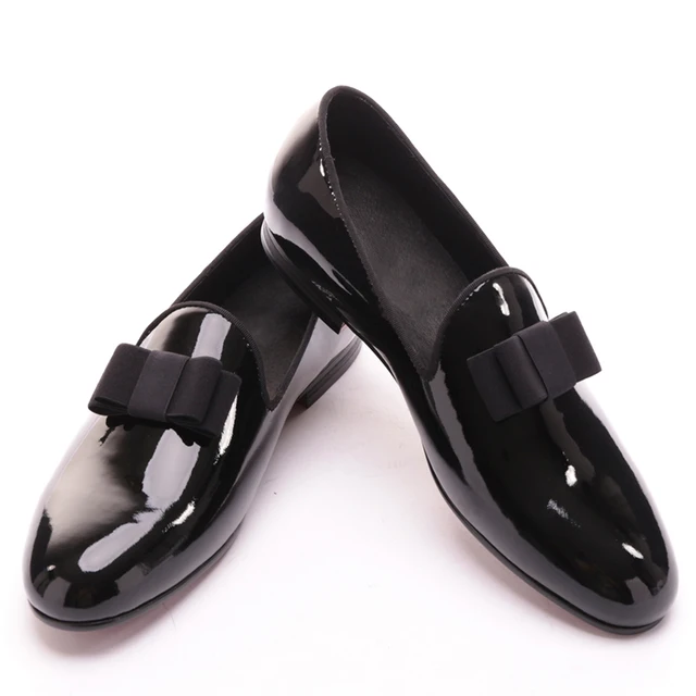 black patent leather men handmade loafers with black bowtie Fashion