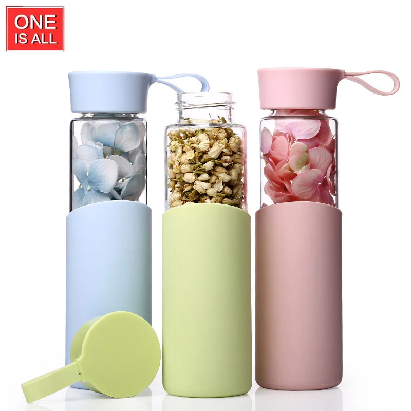 Image 450mlFree shipping  Creative glass Bottle with Silicone Sleeve Handle Drinkware Bottles Transparent Fruit cup outdoor Sport Cups