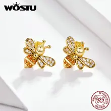 WOSTU Oringinal, золотые серьги-гвоздики пчелка, 925 пробы серебряные серьги в виде животных для женщин, серебро 925, ювелирное изделие, FIE344-b