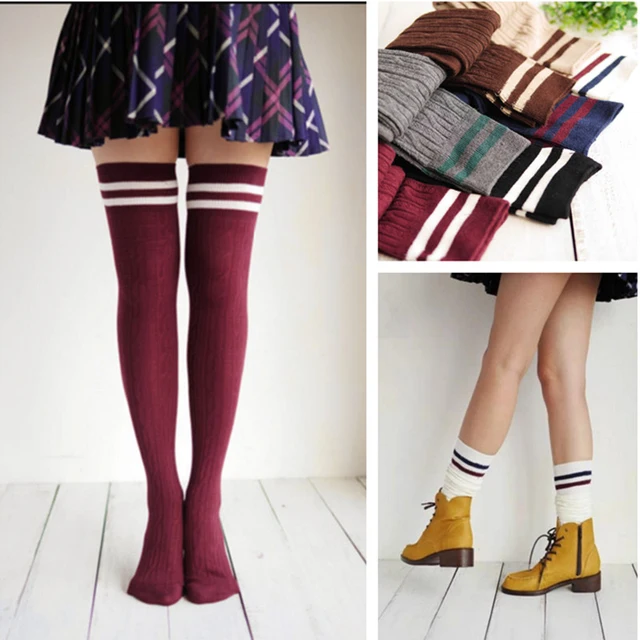 Girls Designer Over Knee Thigh High Socks Spring Striped Patchwork Sock