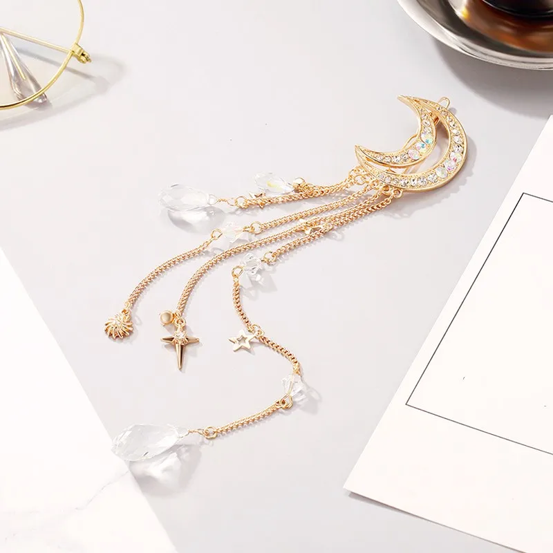 

Hot 1 PC Women Clip Moon Rhinestone Crystal Pendant Pin Tassel Long Chain Beads Hairpin Ladies Hair Jewelry Hair clip
