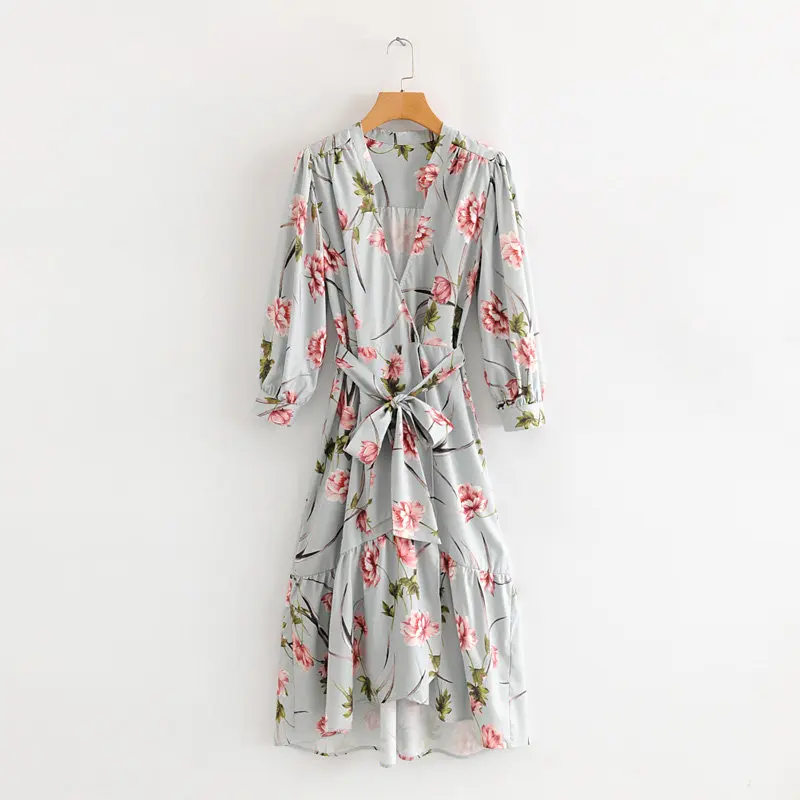 

2019 Euro Style women flower print long vestidos cross v neck bow sashes casual ruffles dress chic elegant midi dresses DS2671