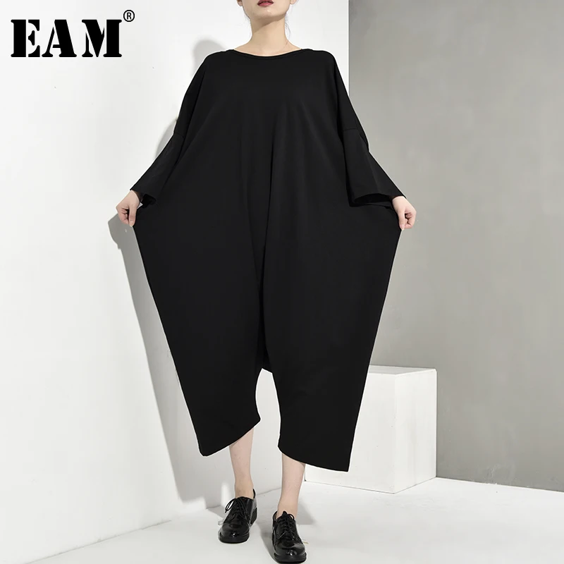 [EAM] Новинка, весна-осень, высокая талия, длинный рукав, черные, широкие, большие размеры, больше размера, свободные штаны, женский комбинезон, модный, JU7930