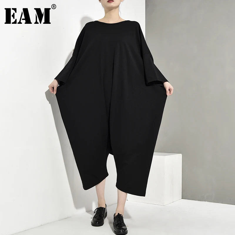

[EAM] 2019 New Spring Autumn High Waist Long Sleeve Black Wide Leg Big Size Oversize Loose Pants Women Jumpsuit Fashion JU7930