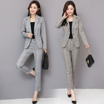 

Fashionable Thin Plaid Women Two Piece Outfits Temperament Wild Ensemble Femme Deux Pieces Office Work Generous Women Set