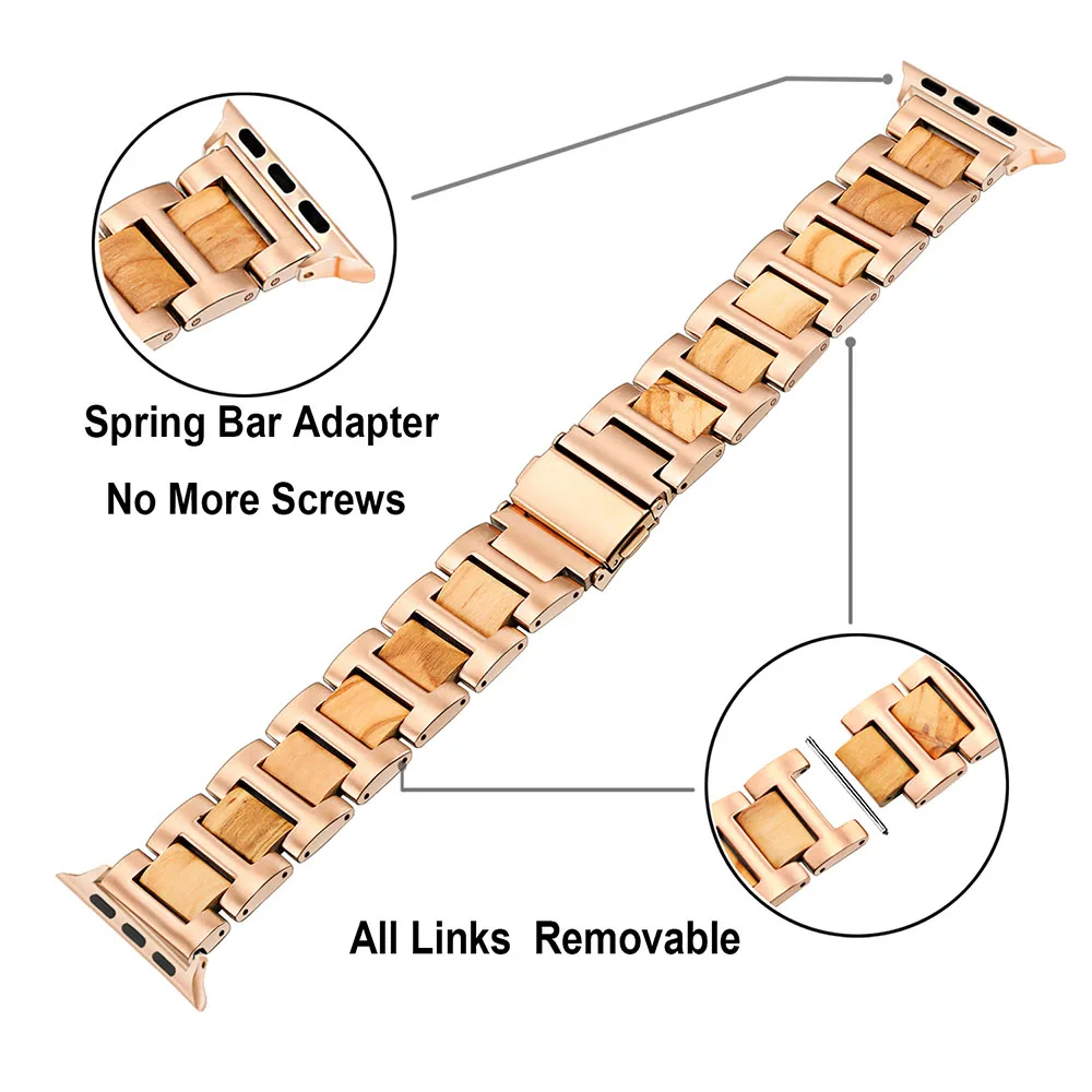 Из натурального дерева и Нержавеющая сталь ремешок для наручных часов iWatch, версия Apple Watch 5 4 3 2 1 44/42/40/38 мм ремешок на запястье браслет из розового золотистый и черный