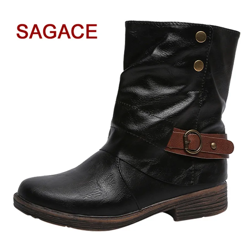 

GGHB@ Fahsion Boots Vintage Women Round Toe Leather Booties Zipper Boots Square Heel Shoes