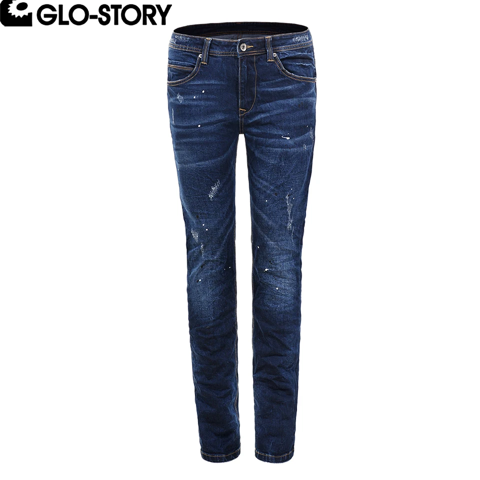 GLO STORY Mens Dot Print Distressed Ripped Jeans Homme Moustache Effect ...