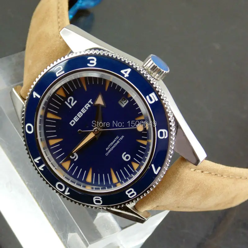 

Debert 41mm Blue Dial 0 1 2 3 4 5 6 7 8 9 10 ceramic bezel One-way rotation brown strap Automatic Mechanical Mens wirstwatch