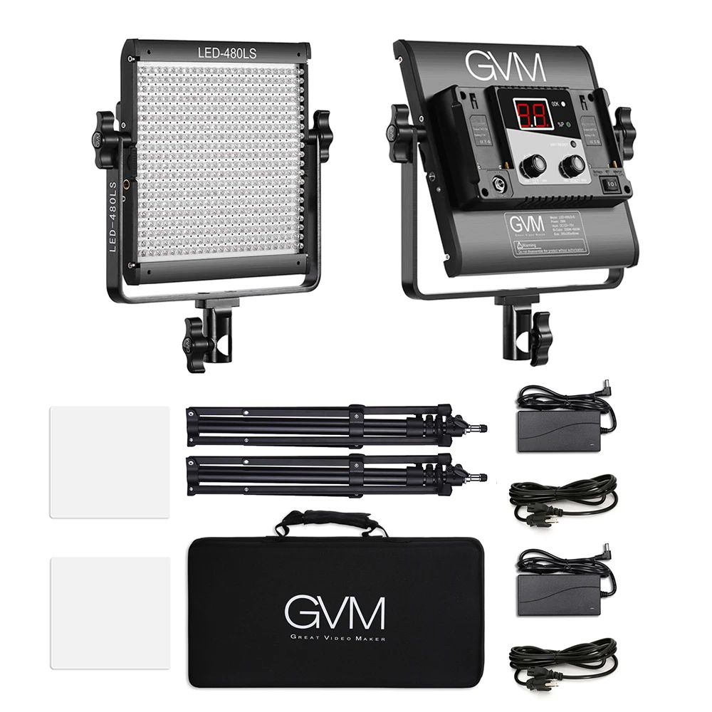 GVM LED-480LS 2pcs Dimmable 2300-6800K Bi-color LED Video Panel Light and 70inch Stand Lighting Kit Al Alloy Housing Photography