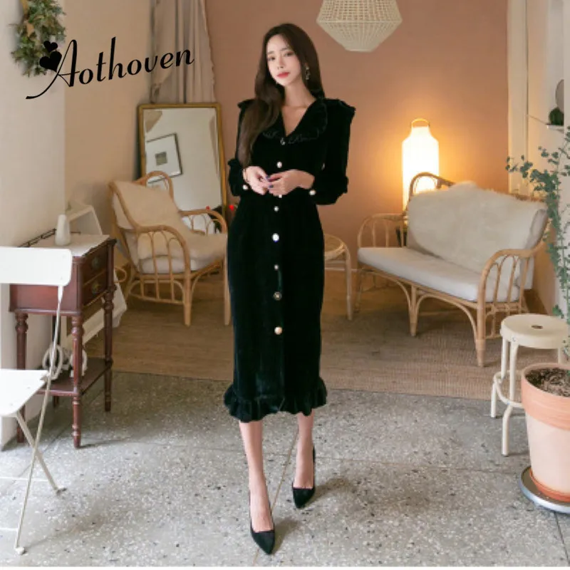 

2019 Spring Ruffles Velvet Dresses V Neck Single-breasted Long Sleeve Dress Women Office Bodycon Sexy Party Ladies Dress Vestido