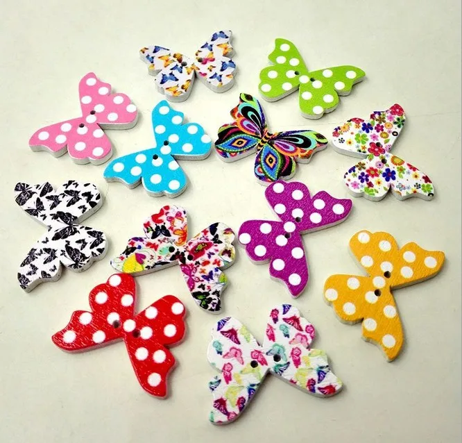 

Geinne 50pcs DIY handmade accessories Cartoon Print Dot Butterfly buttons decorative wood buttons 21mm*28mm