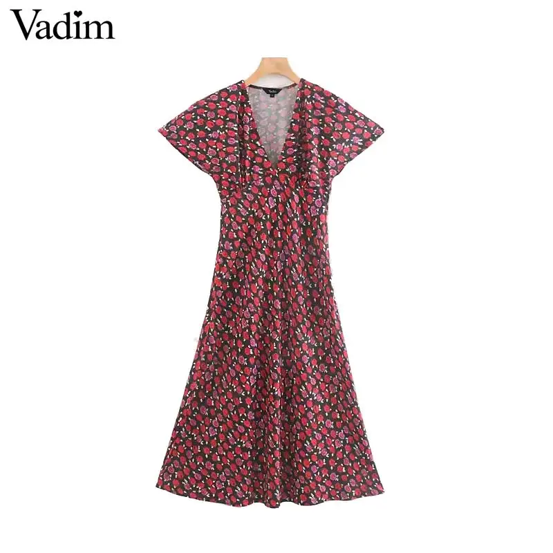 

Vadim women elegant floral print midi dress V neck side zipper short sleeve female casual stylish summer Aline dresses QC556