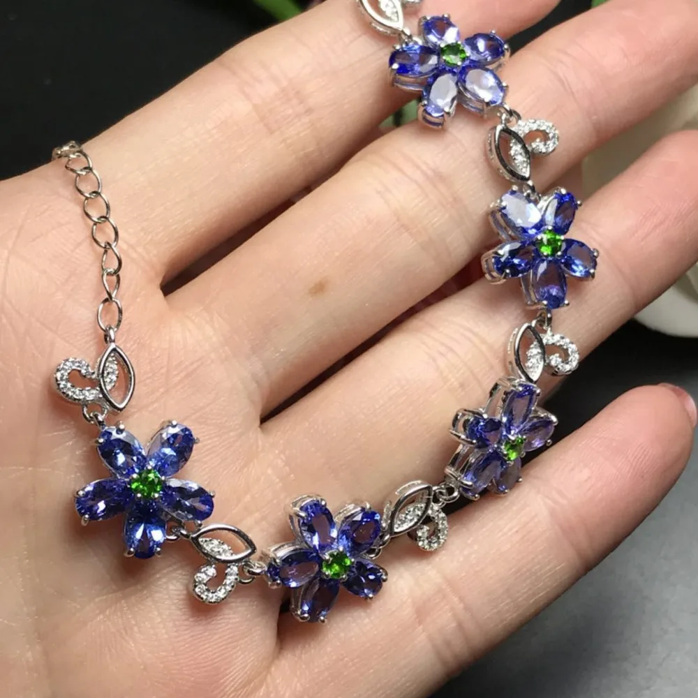 Tanzanite bleu naturel gemme mode luxueux fleur Bracelet naturel diopside Bracelet 925 argent brace