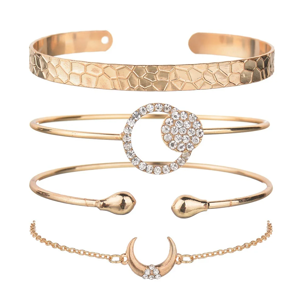 

ZHIMO Luxury Fashion 4Ppcs/Set Wide Thin Bangle Bracelets Chain Crystal Moon Round Famous Design Gold Silver Open Bangles Women