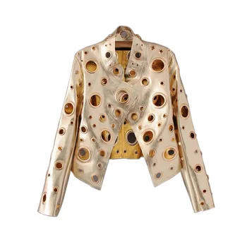

Women's Euroepan Rivets Eyelets PU Leather Jacket Metallic Hollow Out Faux Leather Motorcycle Jacket Female Autumn Short Outwear