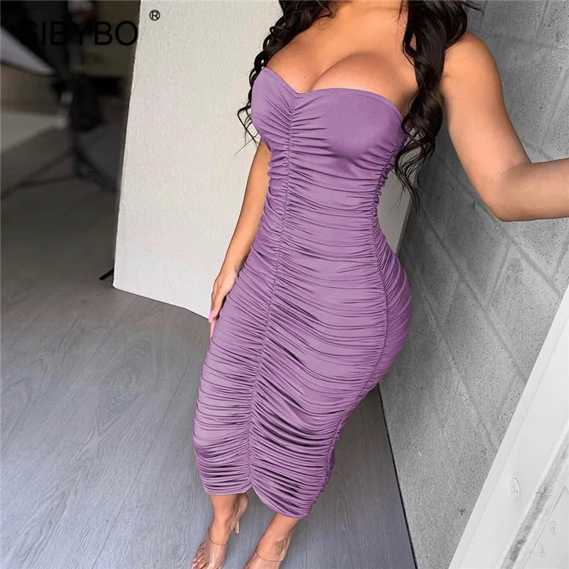 SIBYBO Strapless Pleated Sexy Bodycon Dress Off Shoulder Sleeveless Summer Party Dress Women Backless Beach Casual Women Dress