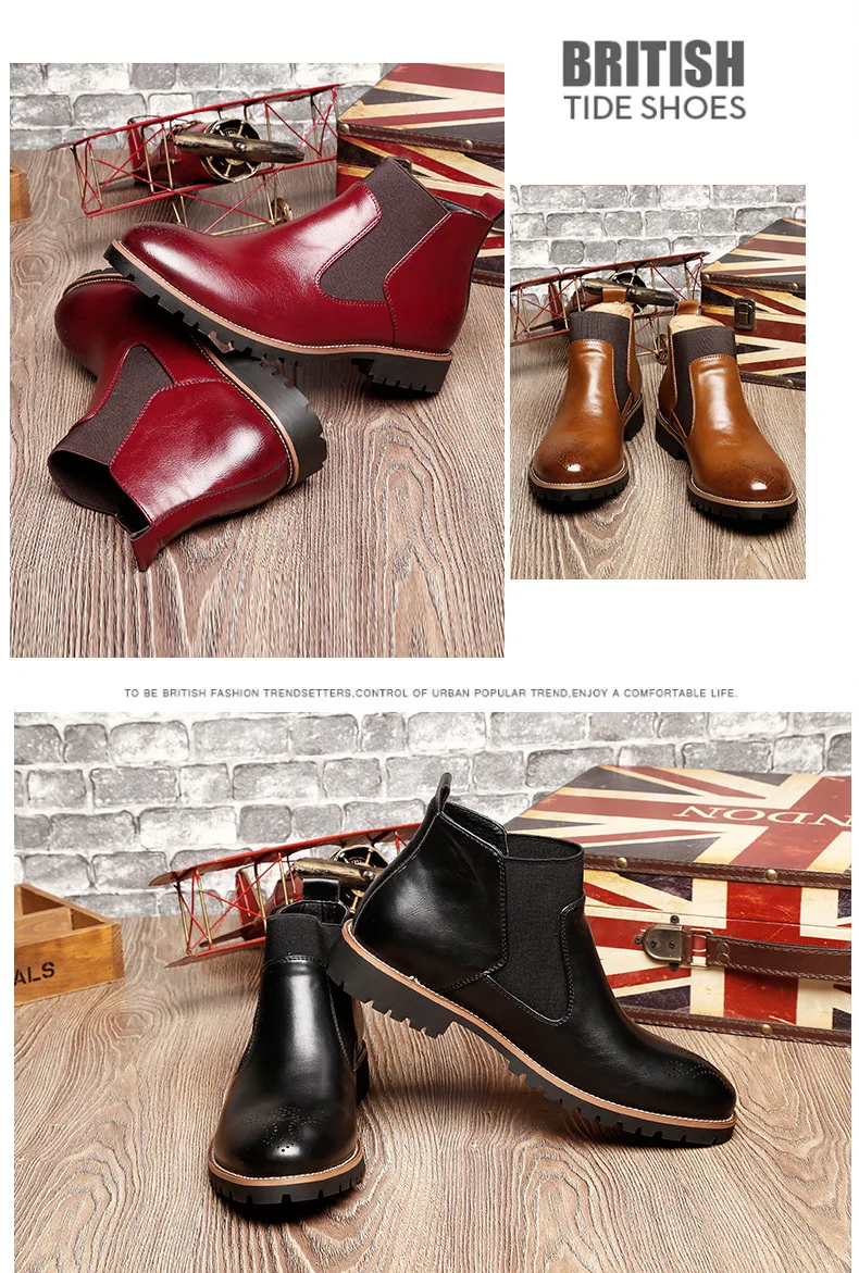 Осень-зима ; мужские ботинки «Челси»; цвет черный, красный, желтый; кожаные ботинки с перфорацией типа «броги» из микрофибры; мужская повседневная обувь Bullock; большие размеры 38-46