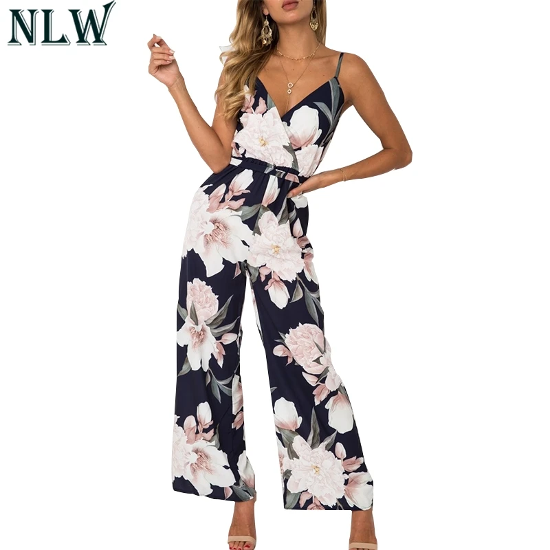 

NLW Boho Floral Summer Jumpsuit V Neck Strap Sexy Long Romper Women Chiffon 2019 Beach Party Overalls Playsuit overalls