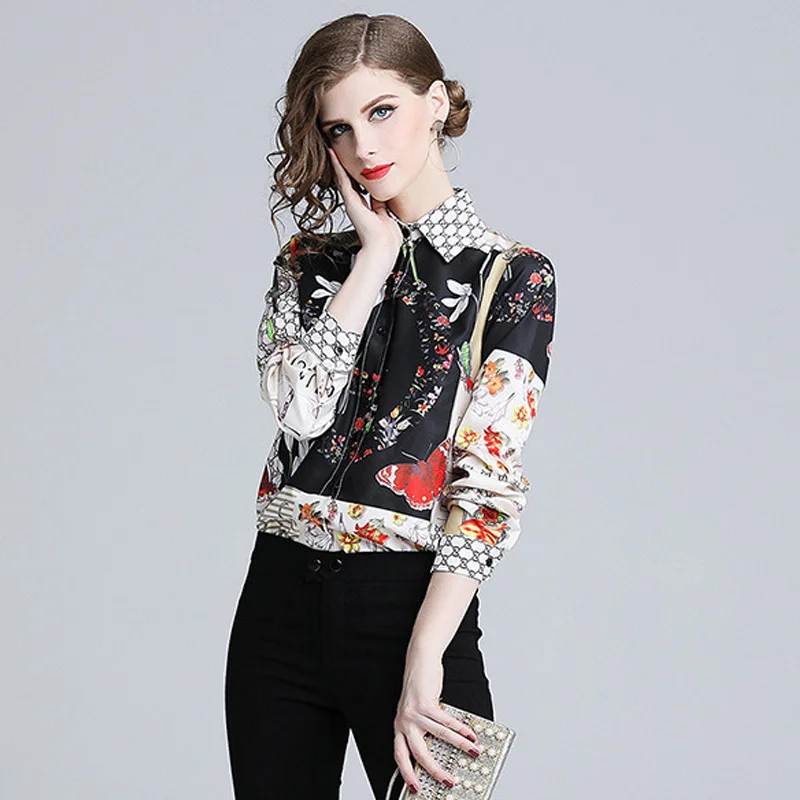 

High Quality New 2019 Spring Summer Elegant Print Blouse Women Vintag Long Sleeve Tops Lady OL Work Office Shirt Female Tops 920