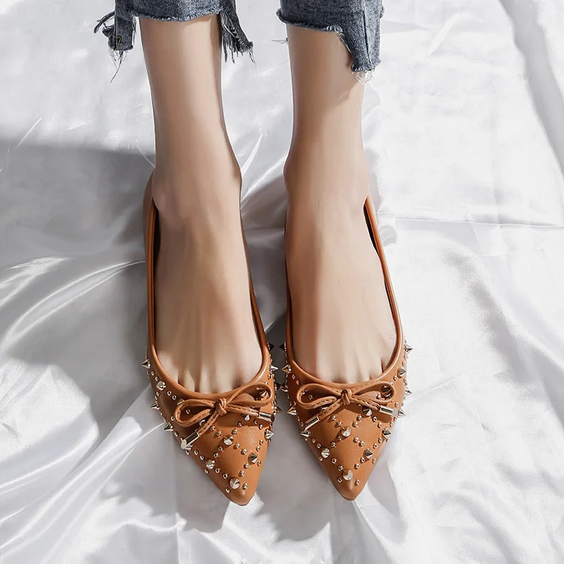 

Microfiber leather shoes woman rivets bow-tied shallow flats girls studs pointed toe flat moccasines mujer bow-knot slip on shoe