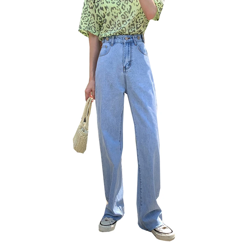 

Loyalget Summer Light Blue Women Jeans Regulable Button High Waist Casual Loose Denim Full Length OL Wide Leg Jeans for Lady