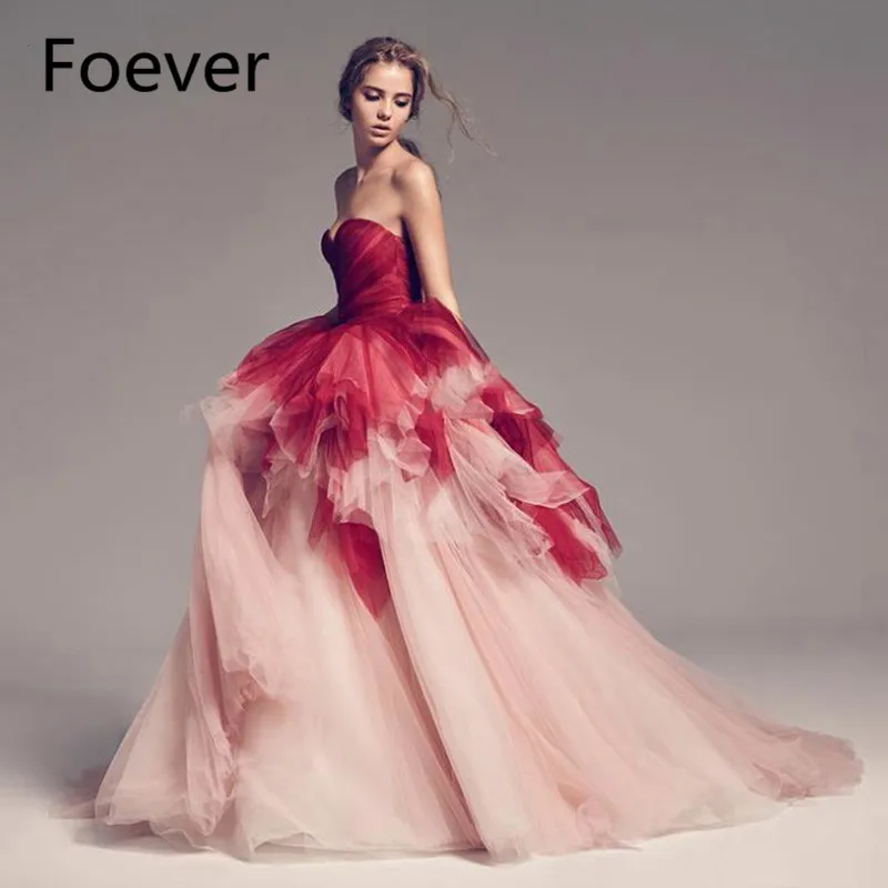 

New Designer Ombre Long Prom Dresses 2019 Tiered Tulle Burgundy and Pink Mixed Chic Evening Dress Formal Party Gowns Custom Made