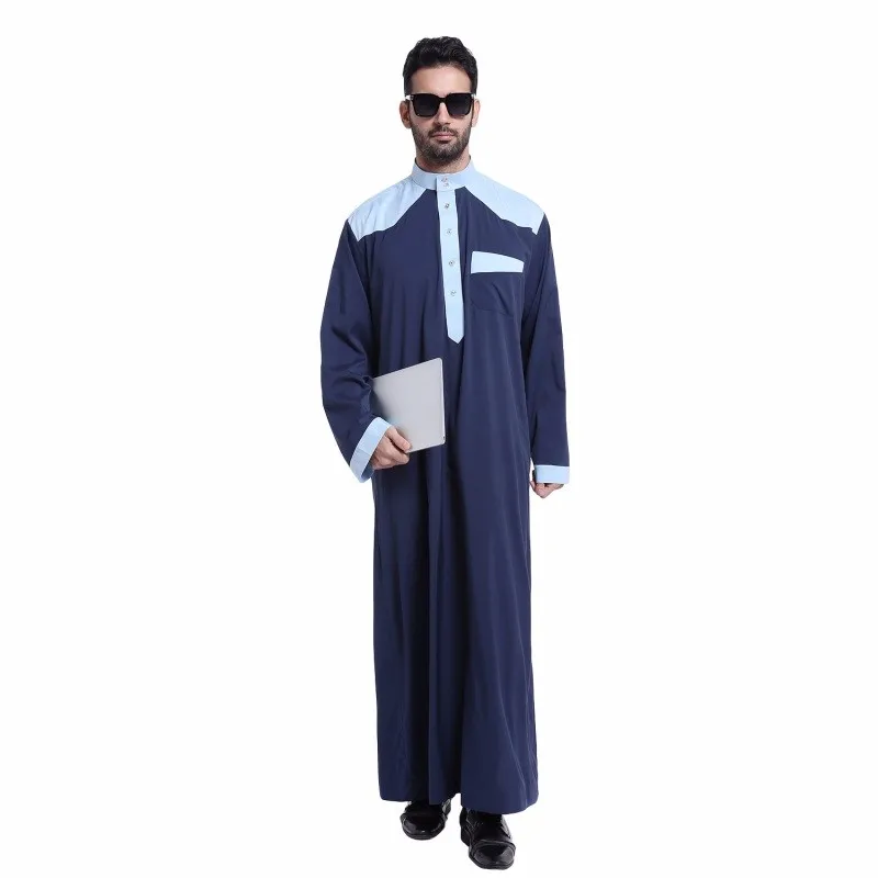 2017 New Arrival muslim clothing for men thobe Polyester/cotton mens kaftan Stand collar Stitching men's robe Ramadan