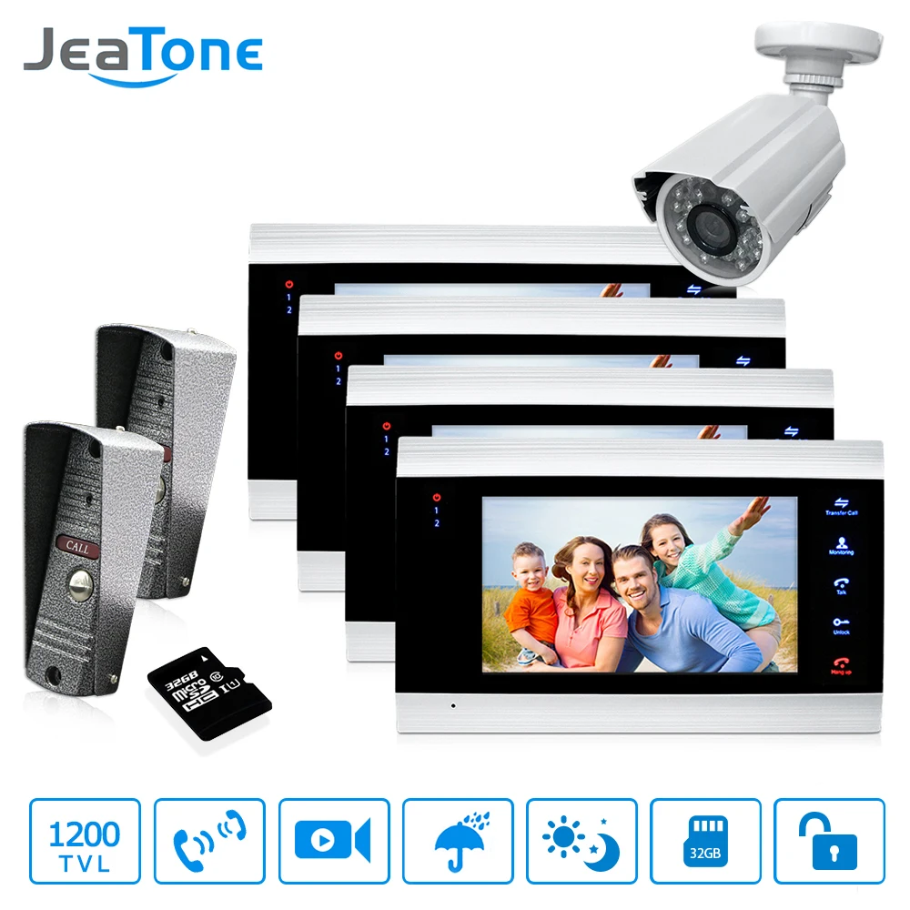 7'' Video Door Phone Doorbell Intercom +Extra 1200TVL Outdoor Camera +32G Card 2 Outdoor units + 4 Monitors Access contro System