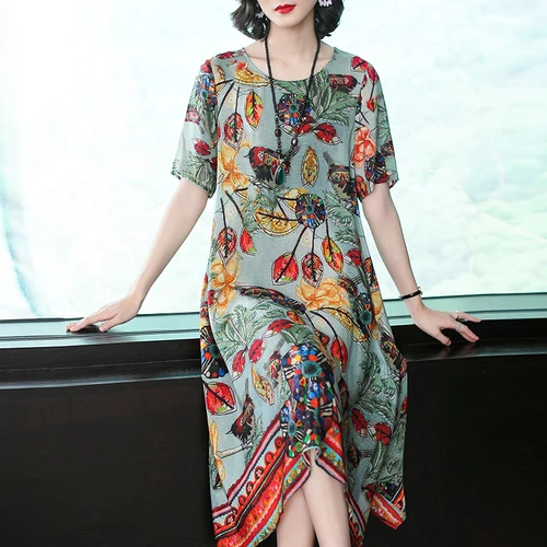 Женское платье в национальном стиле ретро с цветочным принтом, модное высококачественное летнее платье с короткими рукавами размера плюс 3XL, Элегантное Шелковое Платье