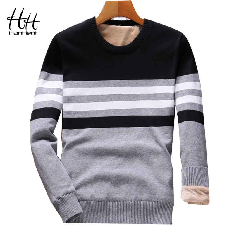 HanHent Stripe Mens Sweaters Plus Velvet Thick Round Neck Slim Sweater 2018 Long-Sleeved Cotton Winter Large Size | Мужская одежда