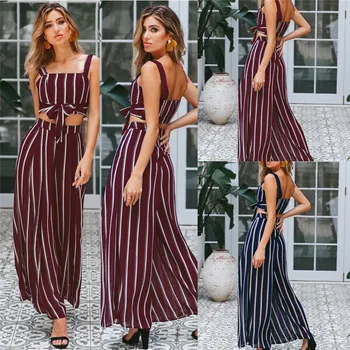 

HIRIGIN Summer Women Sleeveless Casual Striped Tops Wide Leg Long Pants sexy Lady Clubwear Sets
