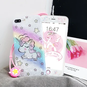 

For iPhone 8 plus unicorn tpu case & front tempered glass for iPhone 6 6splus bling shell pattern case for iphone 7 7plus strap